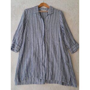 Foxcroft Womens Linen Coastal Beach Vacation Casual Striped Tunic Top Sz 6 Blue